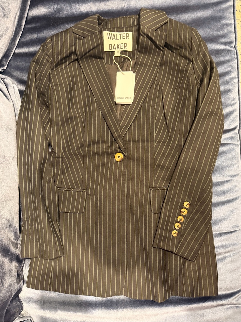 Walter Baker Black Pinstripe Single-Button Blazer with Gold Buttons